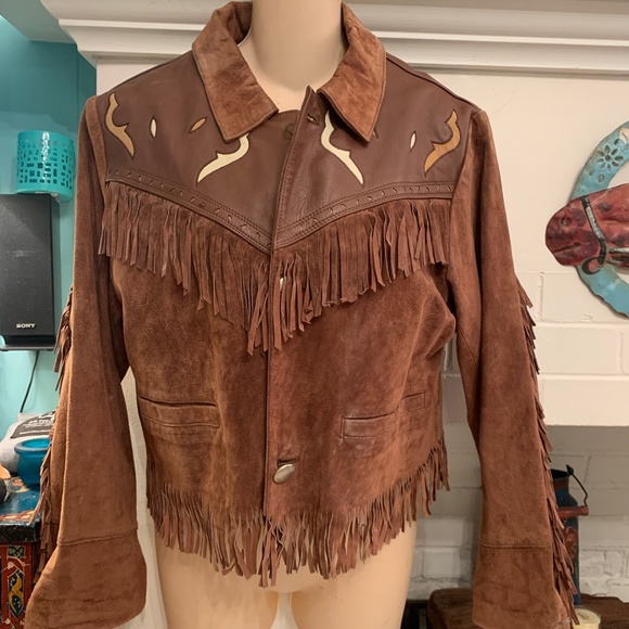 80s CHEVIGNON NATIVE FRINGED WESTERN SUEDE JACKET - Picture 1 of 10